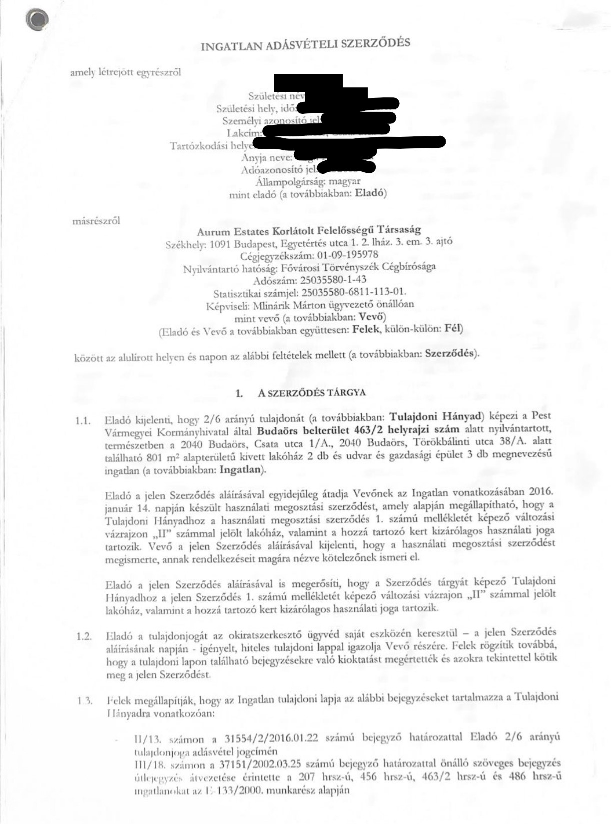 Adásvételi szerződés 1. oldala – felek, a szerződés tárgya, a budaörsi ingatlan leírása