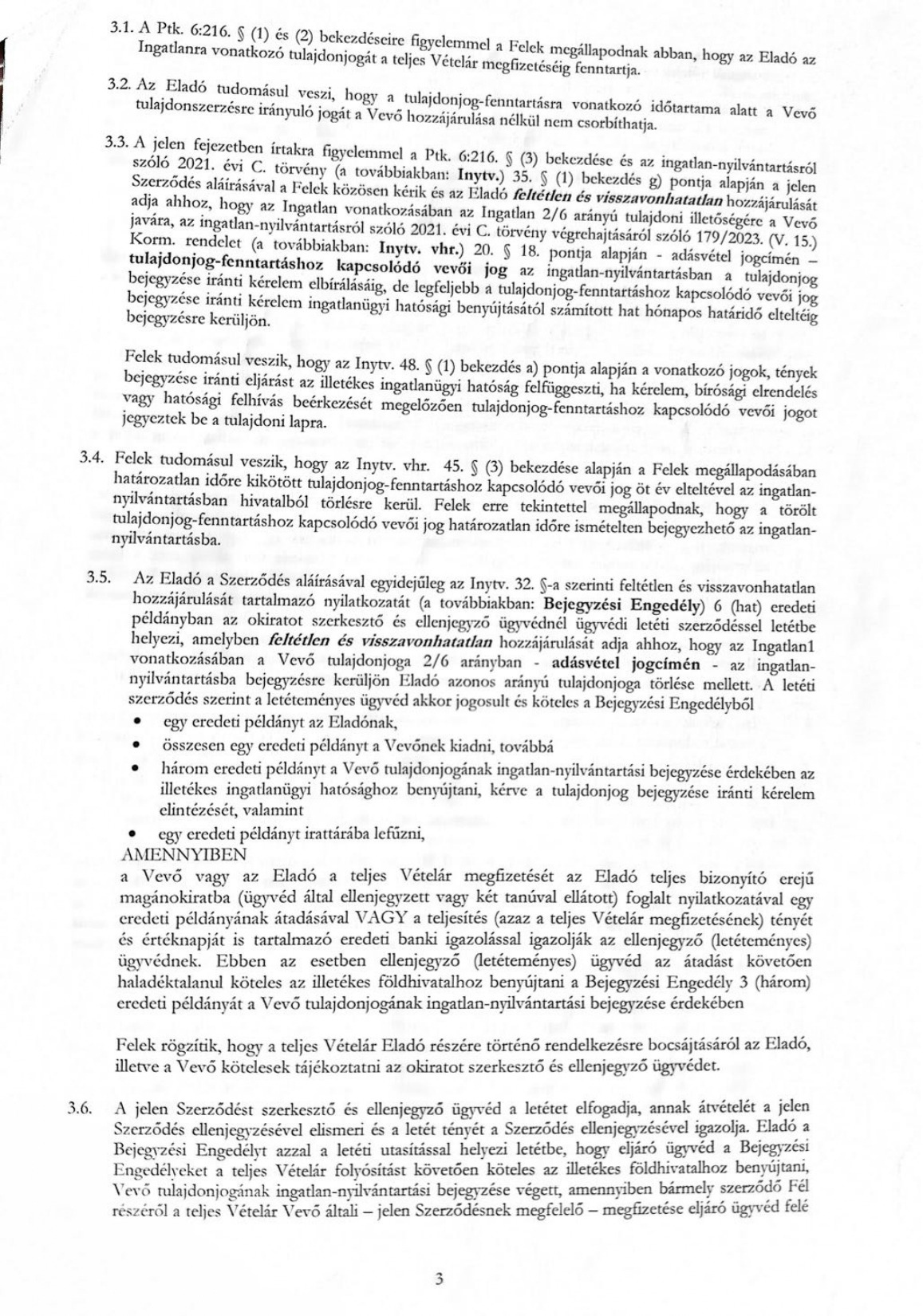 Szerződés 3. oldala – tulajdonjog átruházása, bejegyzési engedély ügyvédi letétben