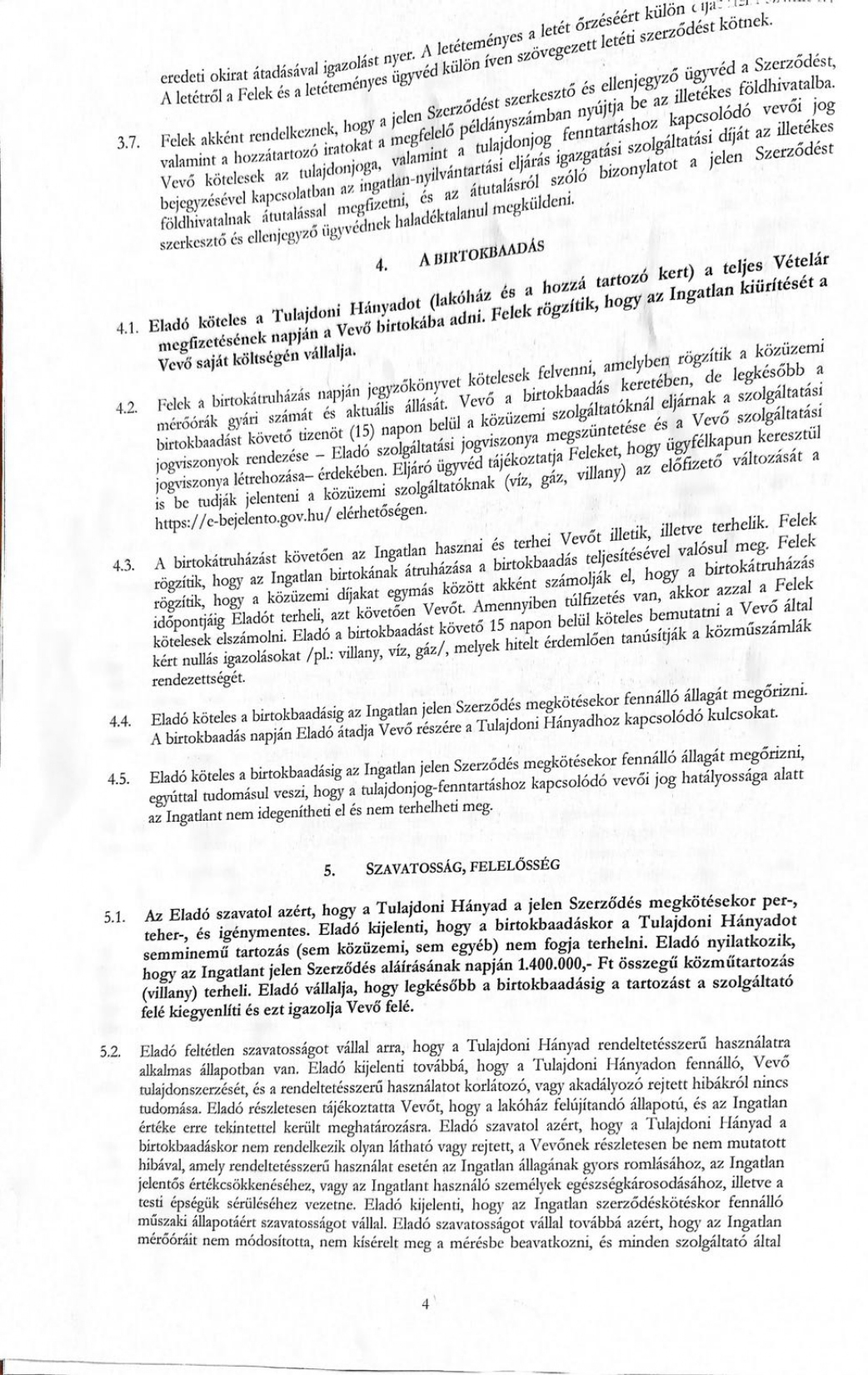 Szerződés 4. oldala – birtokbaadás, közművek, szavatosság, 1,4 millió Ft villanytartozás