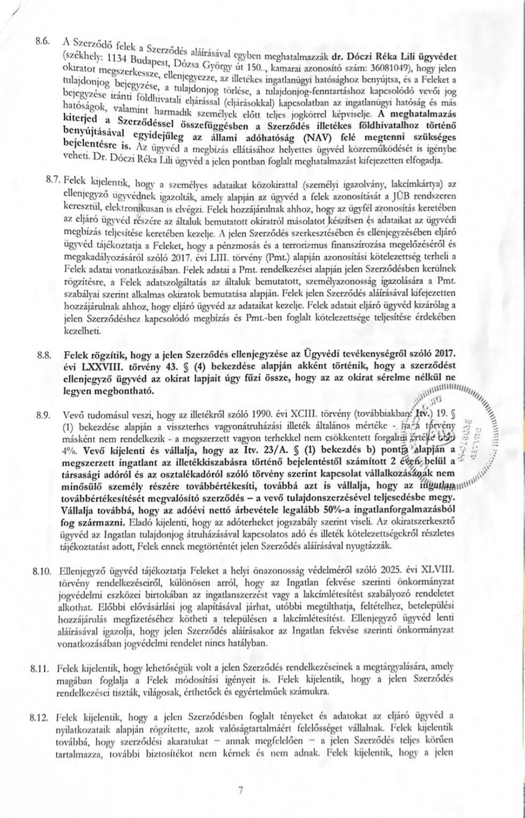 Szerződés 7. oldala – ügyvédi meghatalmazás, azonosítás, Pmt., illeték
