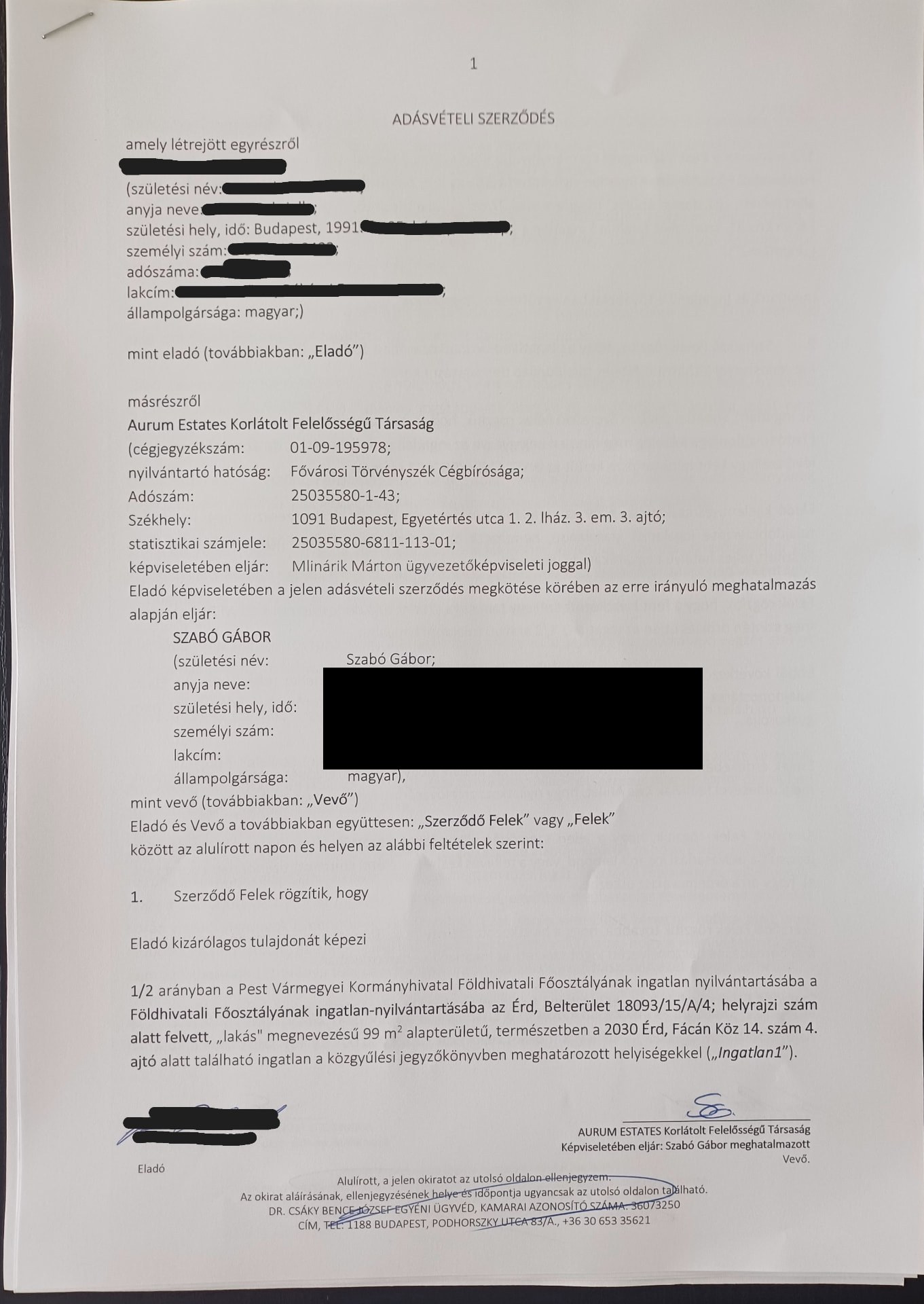 Adásvételi szerződés 1. oldala: a szerződő felek és az Ingatlan1 megjelölése