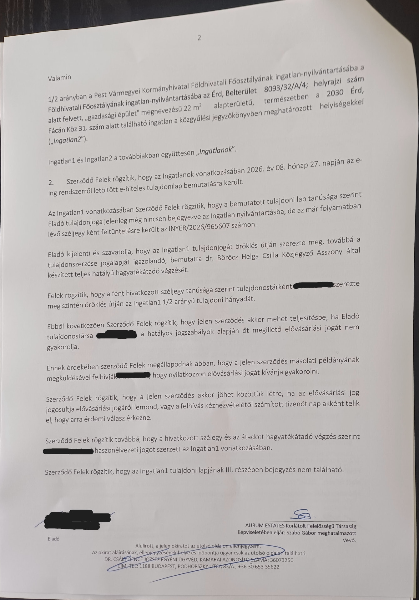 Adásvételi szerződés 2. oldala: Ingatlan2, öröklés, széljegy és elővásárlási jog