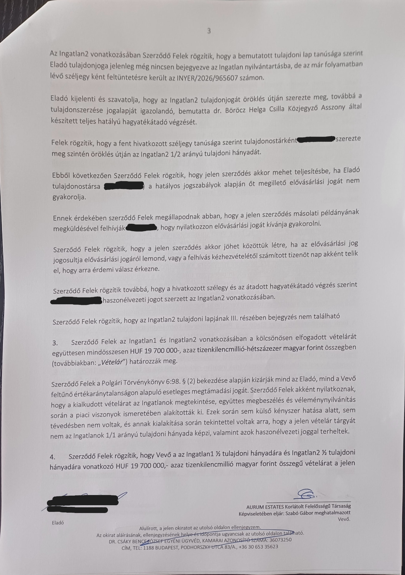 Adásvételi szerződés 3. oldala: a 19,7 millió forintos vételár rögzítése
