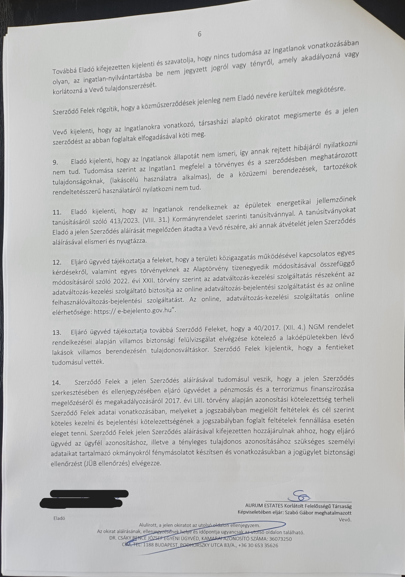 Adásvételi szerződés 6. oldala: állapotra vonatkozó nyilatkozatok és energetikai tanúsítvány