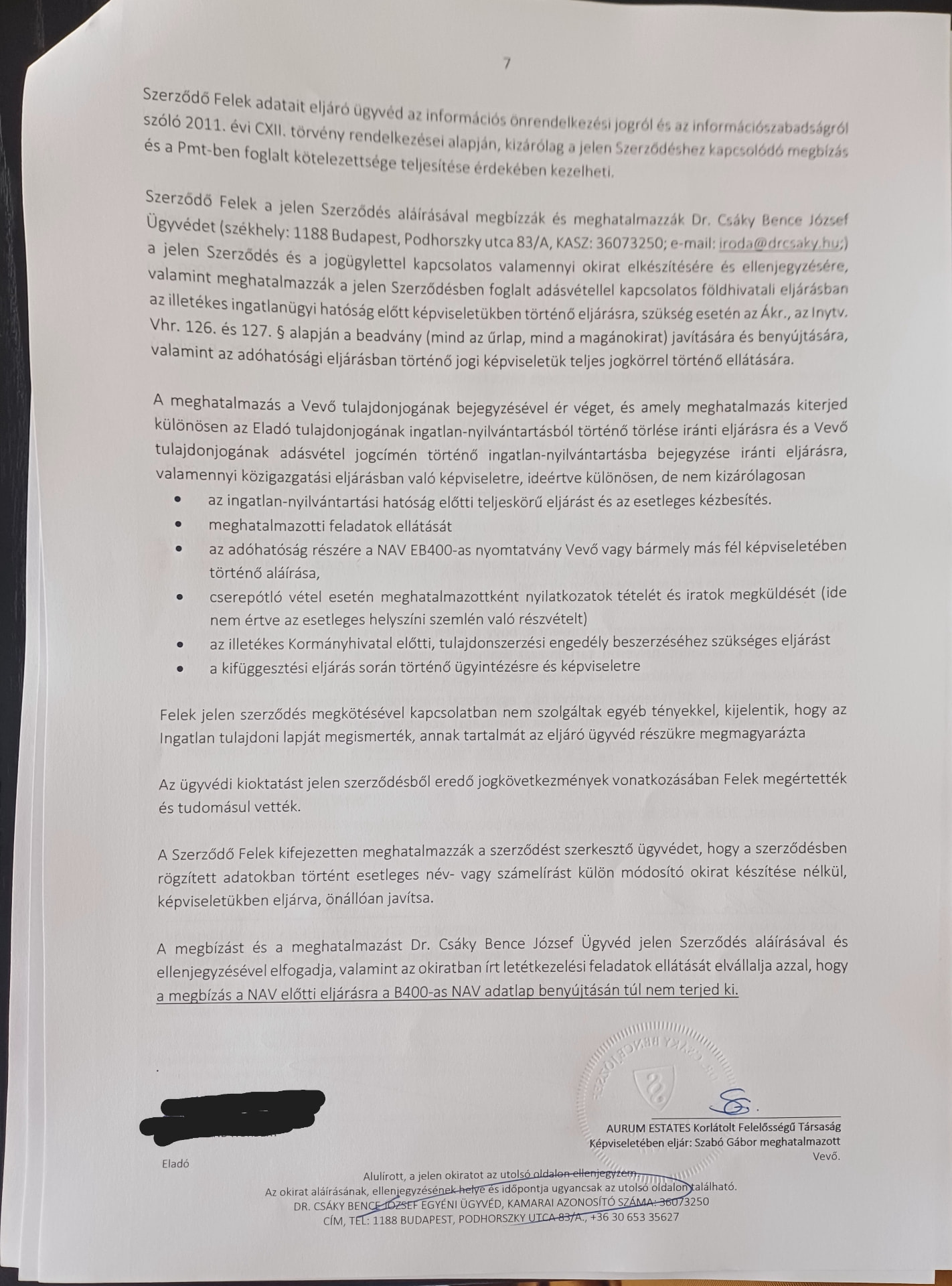 Adásvételi szerződés 7. oldala: ügyvédi meghatalmazás és földhivatali ügyintézés
