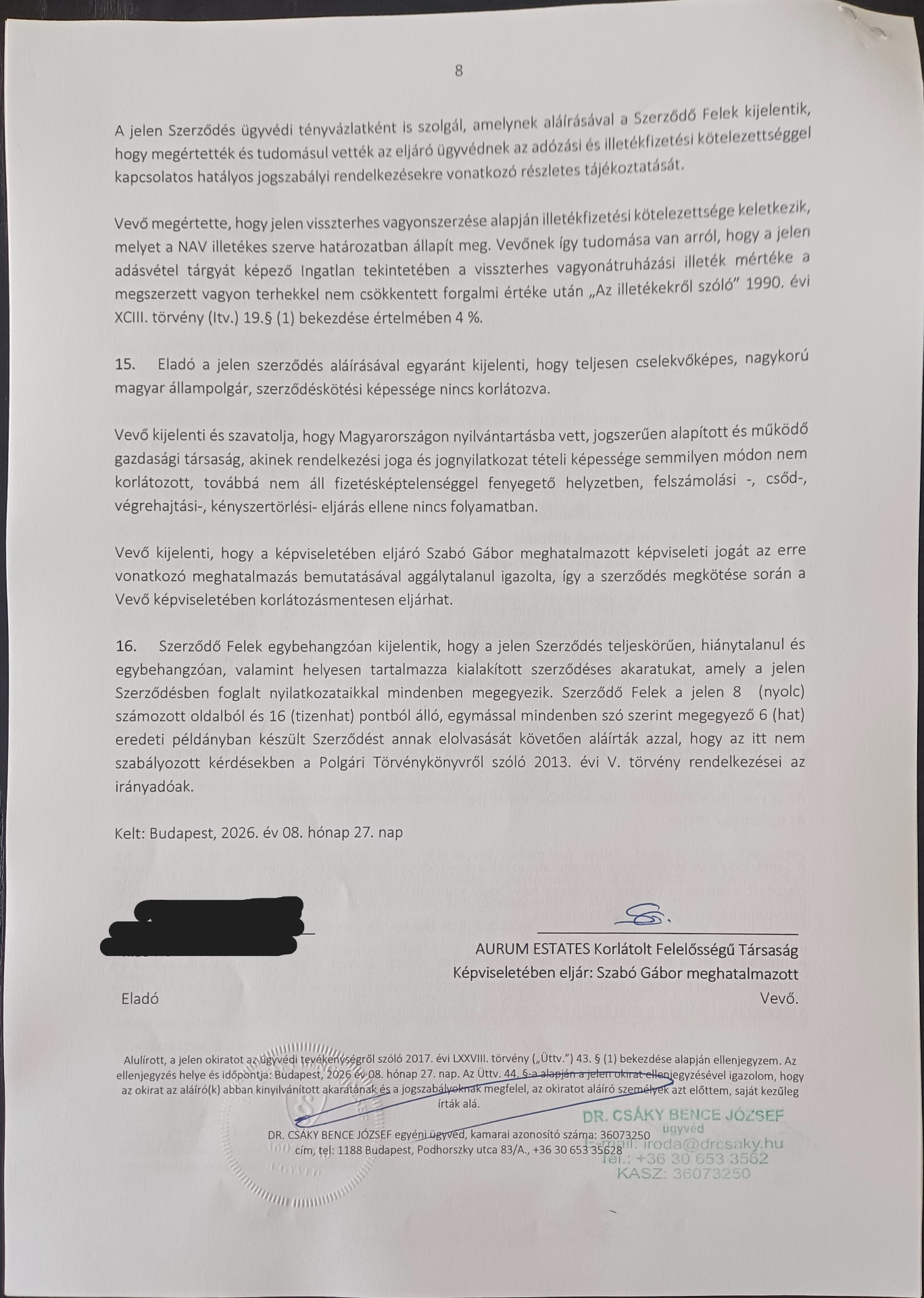 Adásvételi szerződés 8. oldala: záró rendelkezések, aláírás és ügyvédi ellenjegyzés