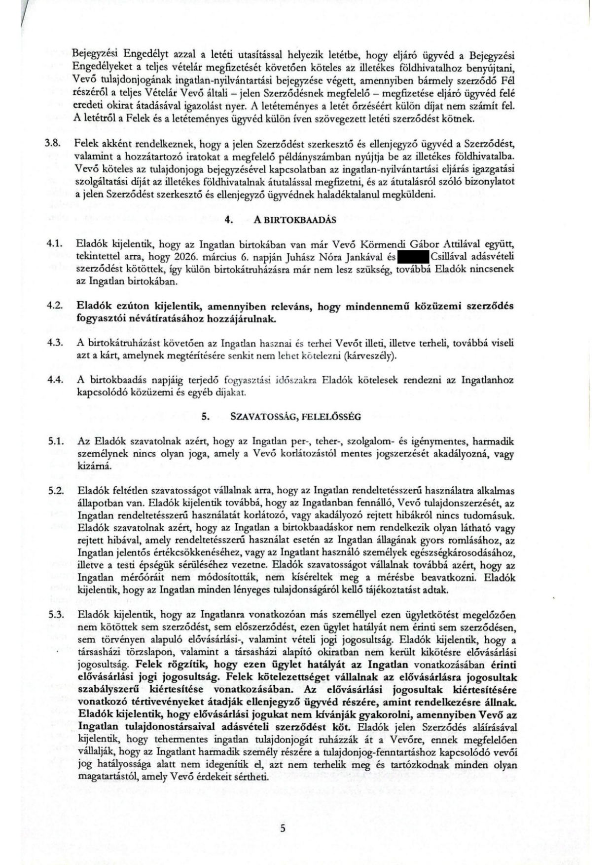A birtokállapotot, a közüzemi szerződéseket és az elővásárlási jogot tartalmazó anonimizált szerződésoldal.