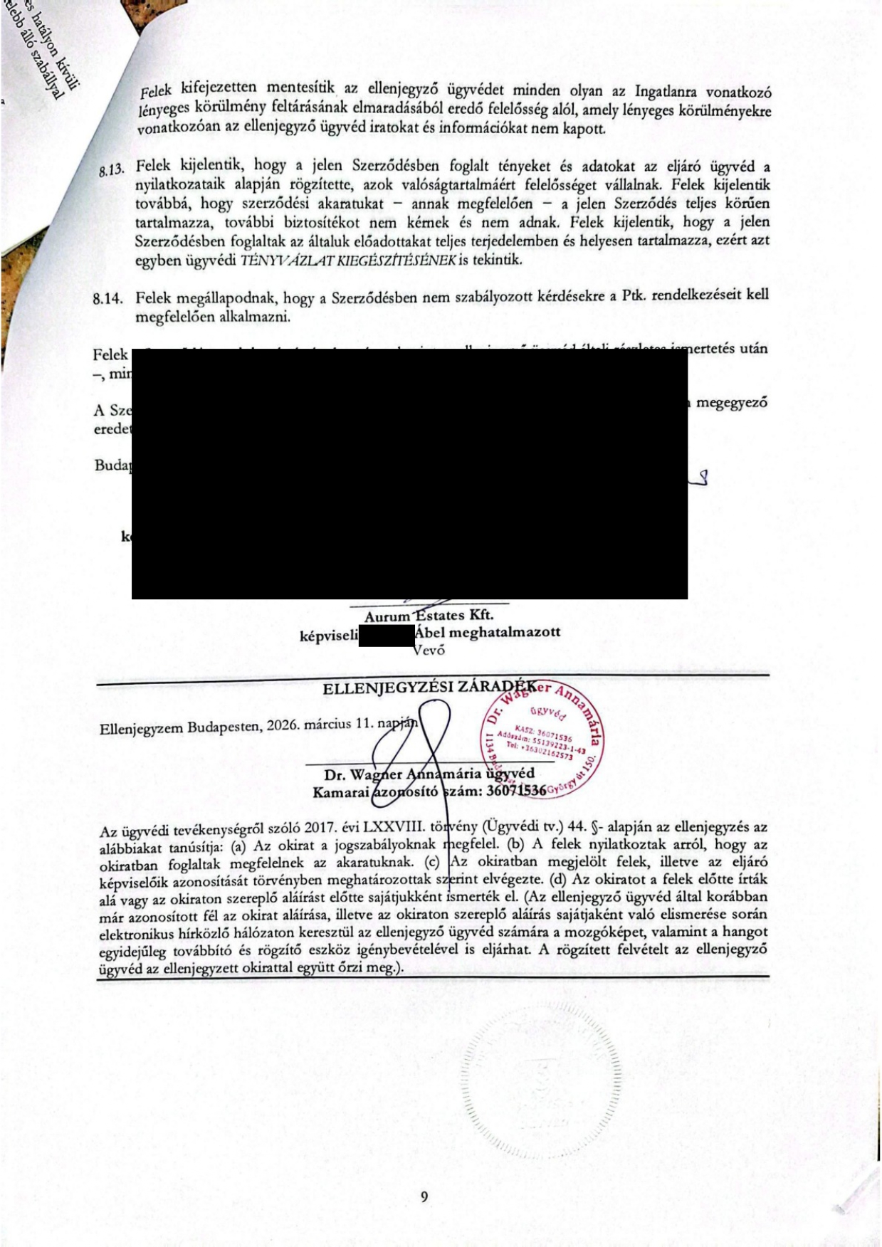 A kötbért, a záró rendelkezéseket és az aláírásokat tartalmazó anonimizált szerződésoldal.