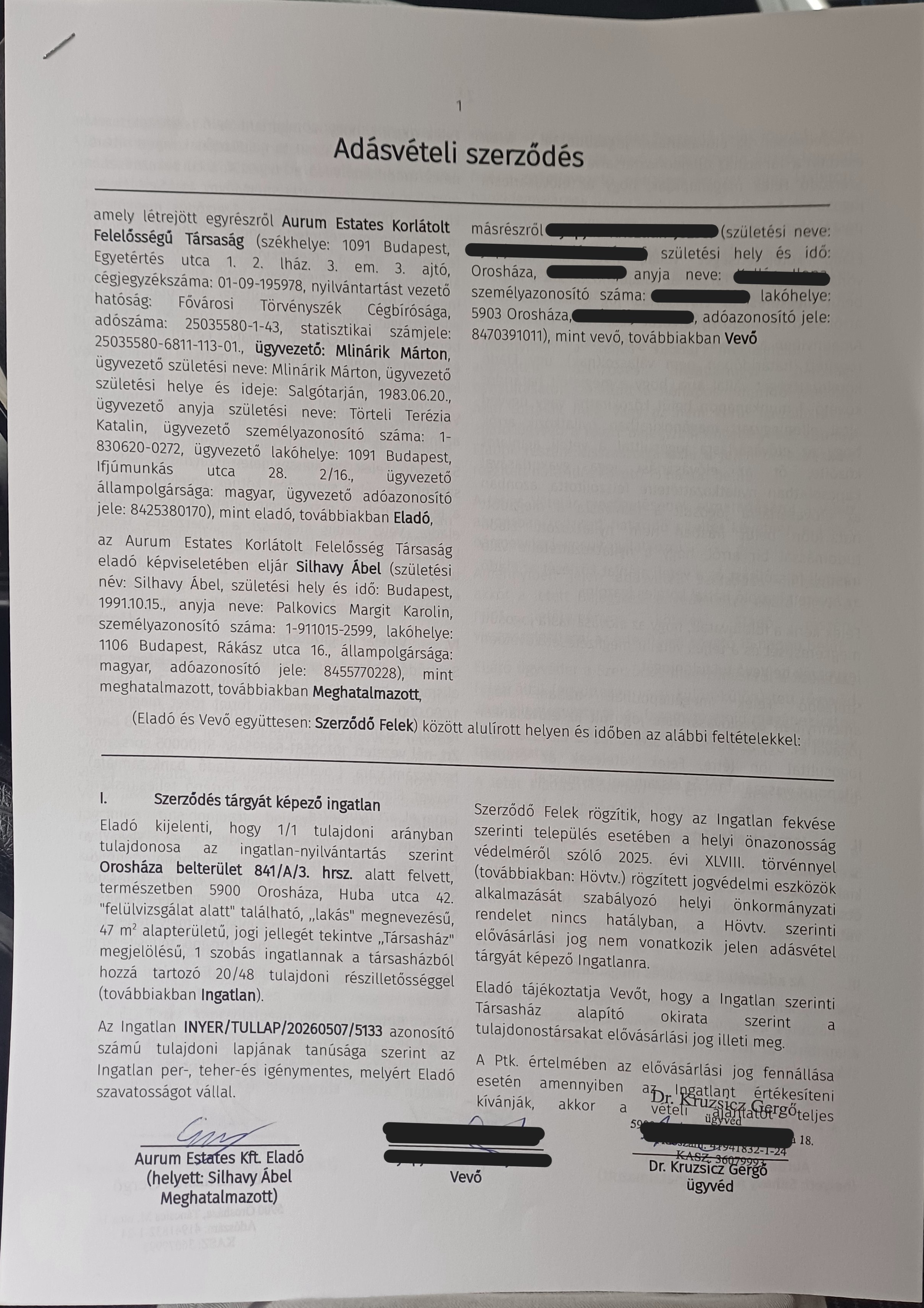 Adásvételi szerződés 1. oldala – a felek és a szerződés tárgyát képező orosházi lakás