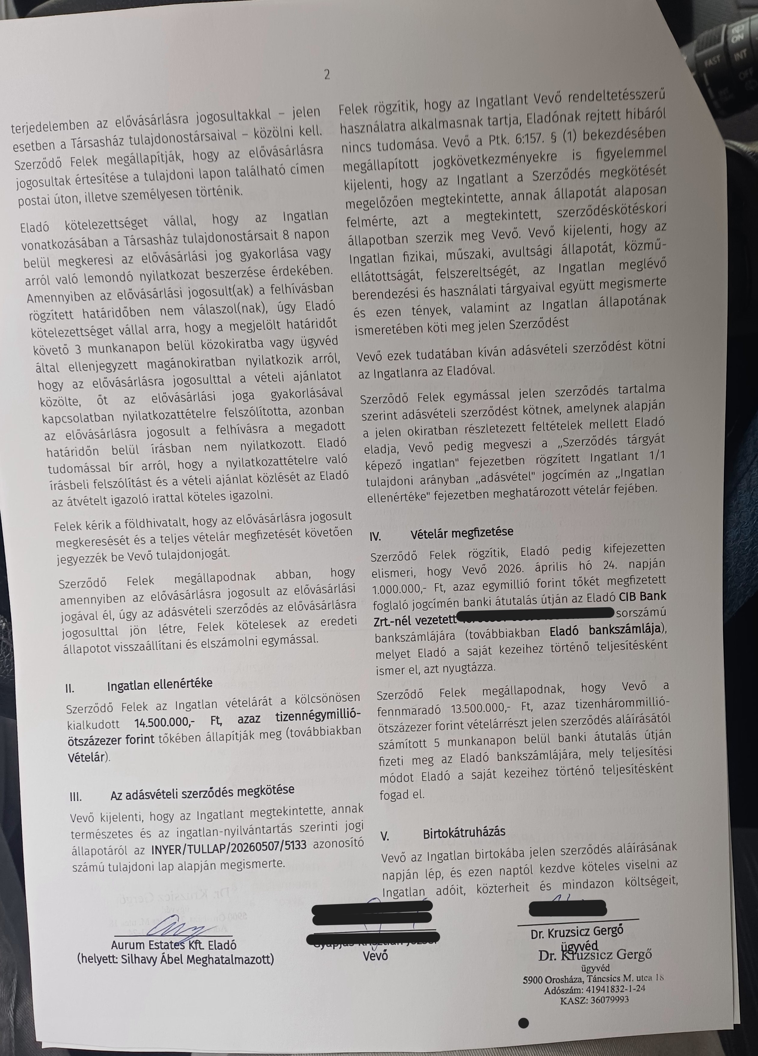 Adásvételi szerződés 2. oldala – elővásárlási jog, vételár és birtokátruházás