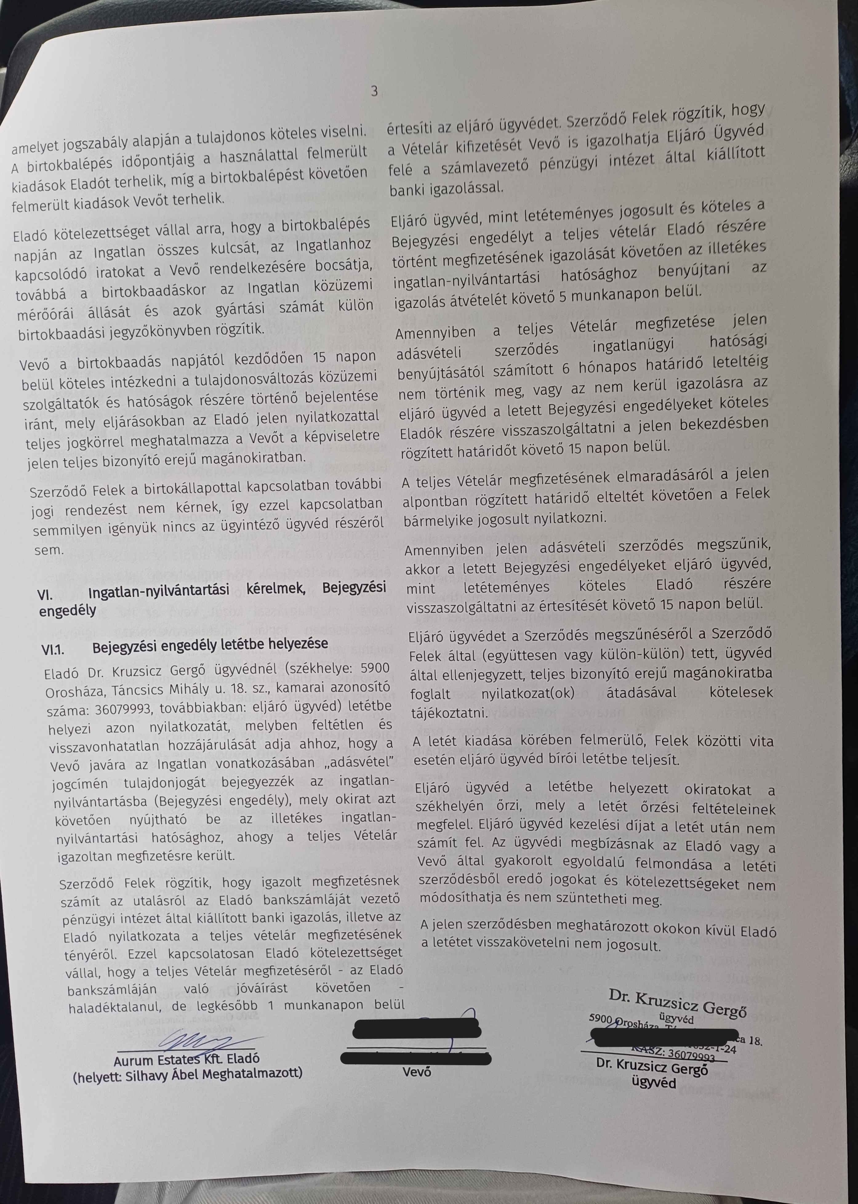 Adásvételi szerződés 3. oldala – bejegyzési engedély ügyvédi letétbe helyezése