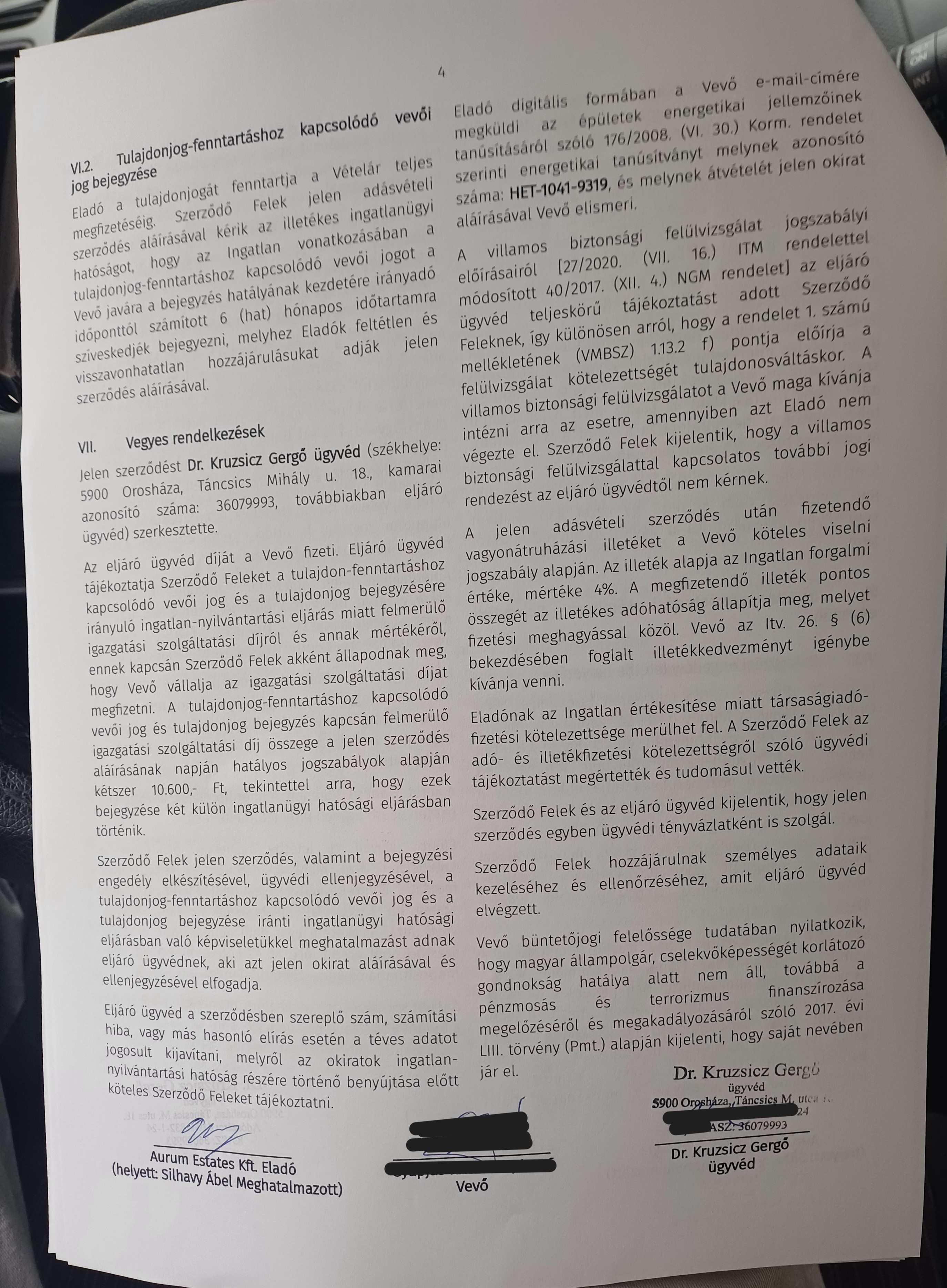 Adásvételi szerződés 4. oldala – tulajdonjog-fenntartás, energetikai tanúsítvány, illeték