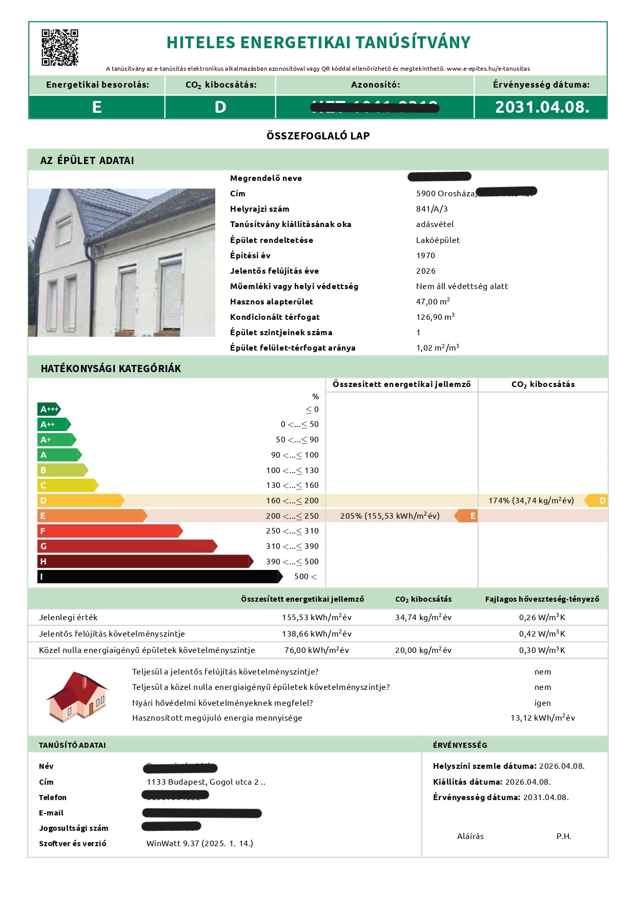 Hiteles energetikai tanúsítvány összefoglaló lapja – E besorolás, 155,53 kWh/m²év