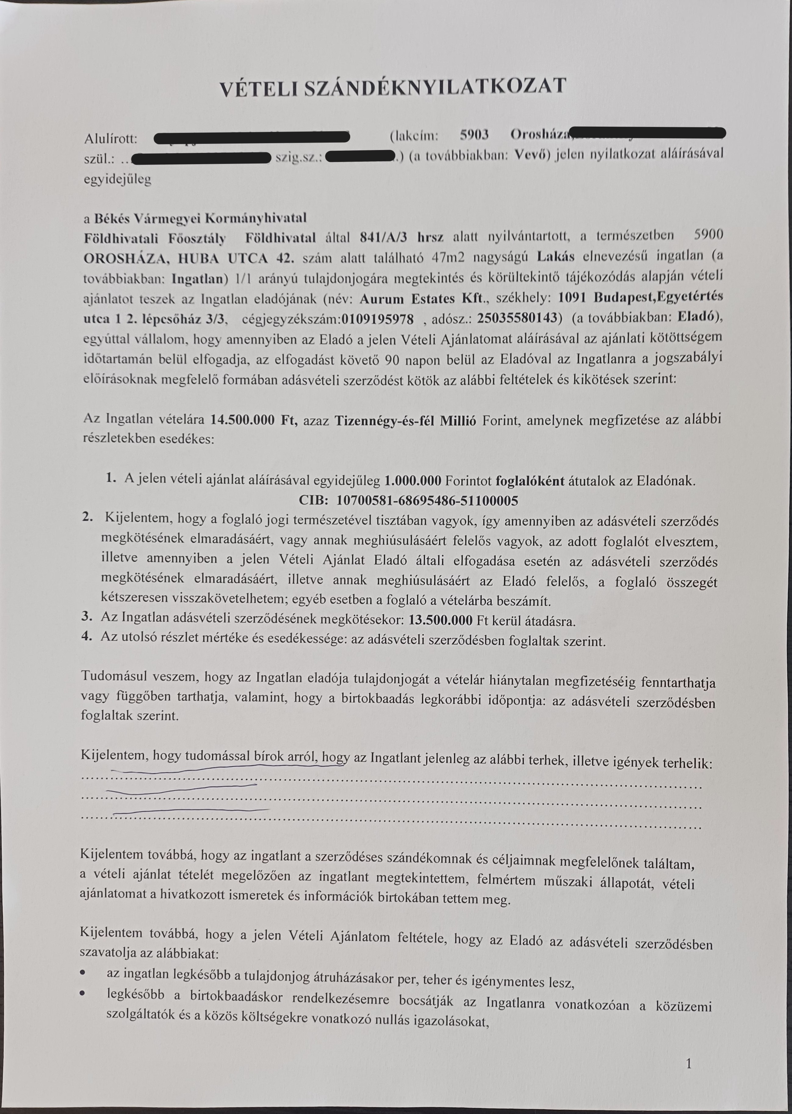 Vételi szándéknyilatkozat 1. oldala – 14,5 millió forintos vételár és 1 millió forintos foglaló