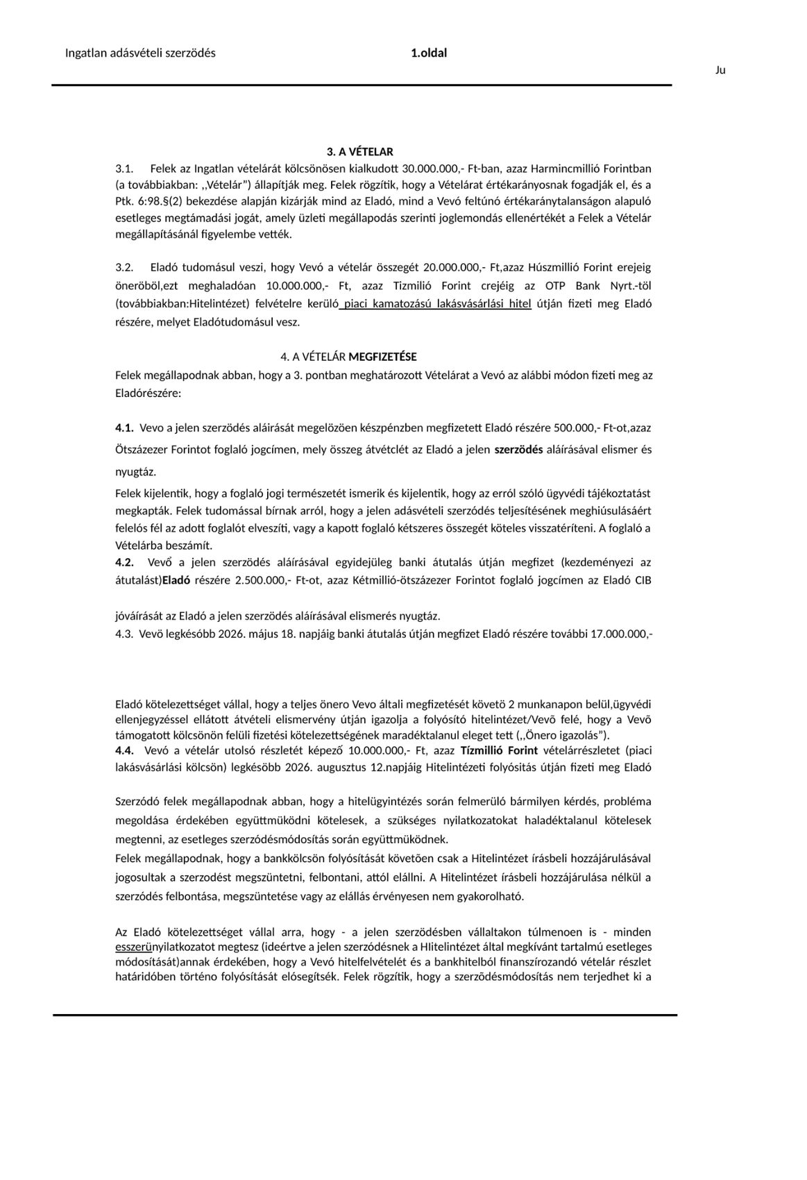 Az anonimizált adásvételi szerződés 2. oldala