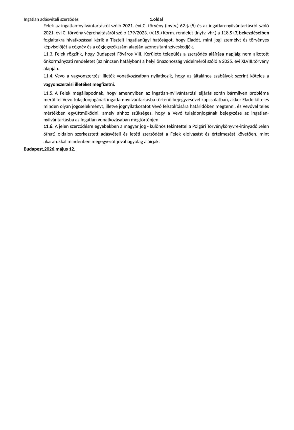 Az anonimizált adásvételi szerződés 6. oldala