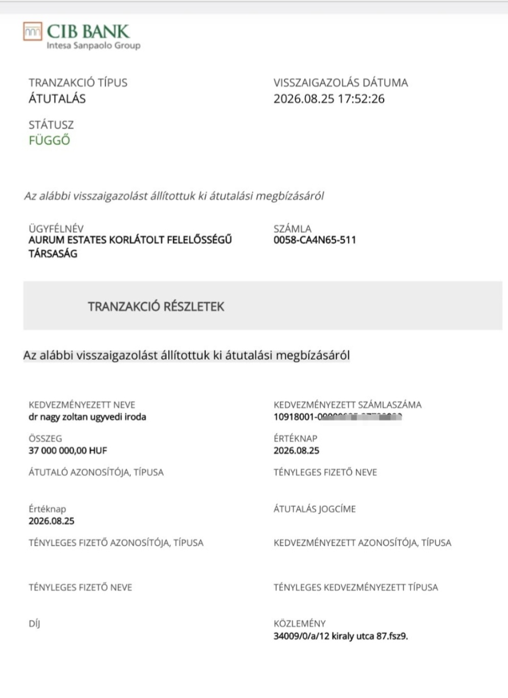 37 millió forintos ügyvédi letéti átutalás igazolása
